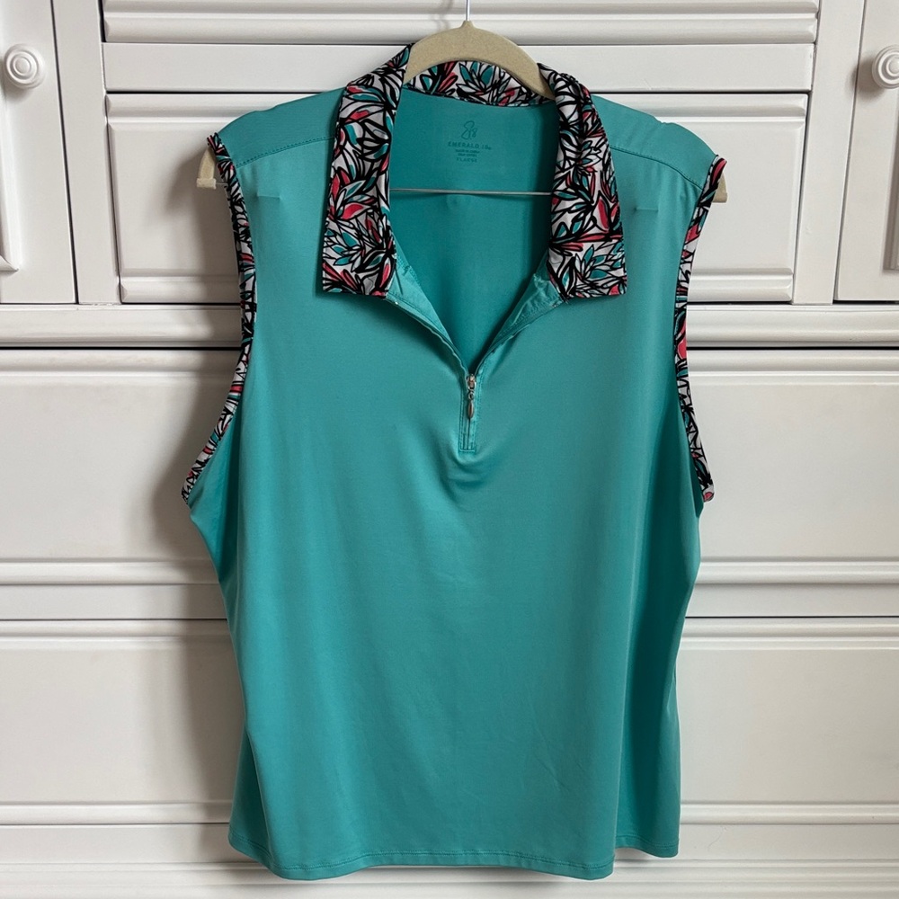 Turquoise Sleeveless Top with Patterned Collar